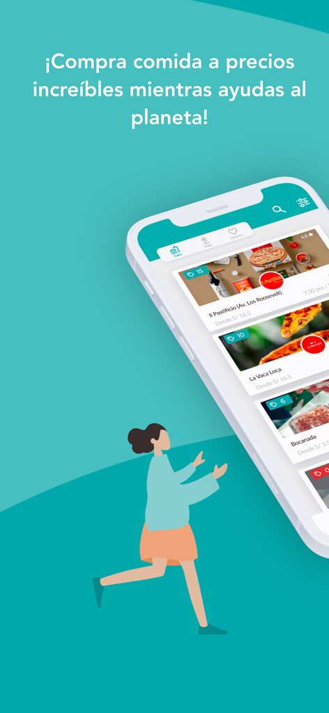 Cirkula - Teléfono inteligente que muestra la interfaz de la aplicación Cirkula con ofertas de comida con descuento y una ilustración de una mujer corriendo hacia ella