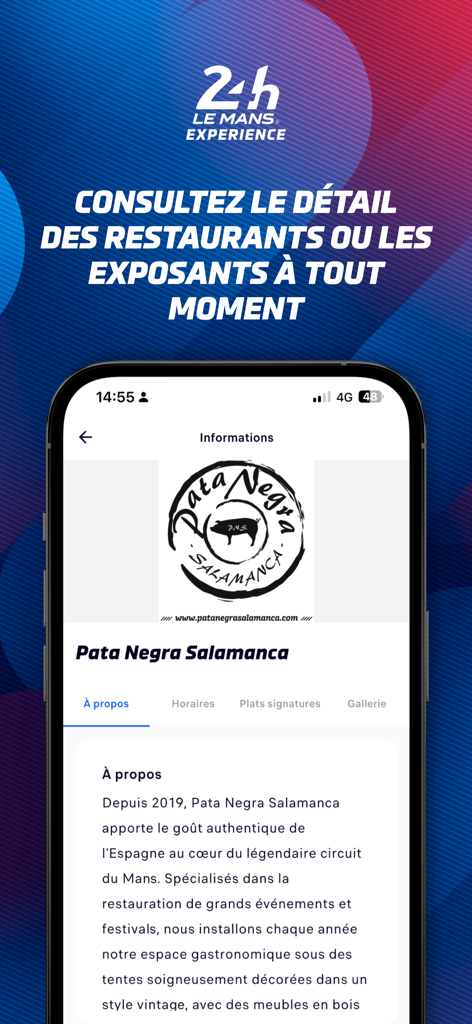 Informations sur les restaurants et les exposants dans l'application 24h Experience.