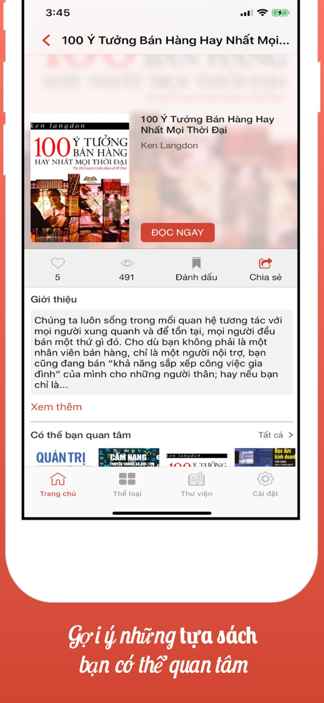 A mobile app interface displaying details for a Vietnamese business book with a read now button