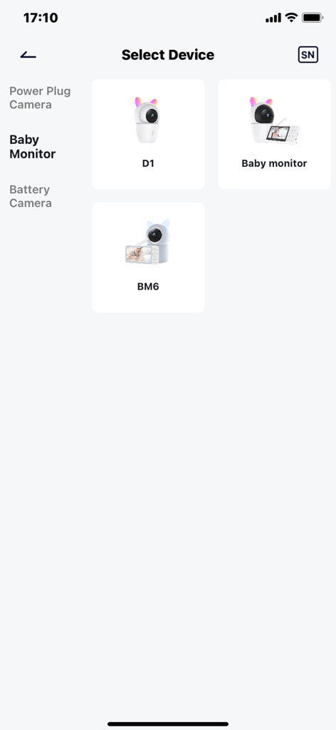 CZEview - Écran de l'application CZEview pour sélectionner un appareil de surveillance bébé avec plusieurs modèles de caméras