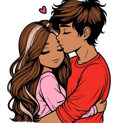 a realistic couple boy and girl hugging and kissing