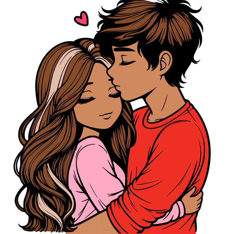 a realistic couple boy and girl hugging and kissing