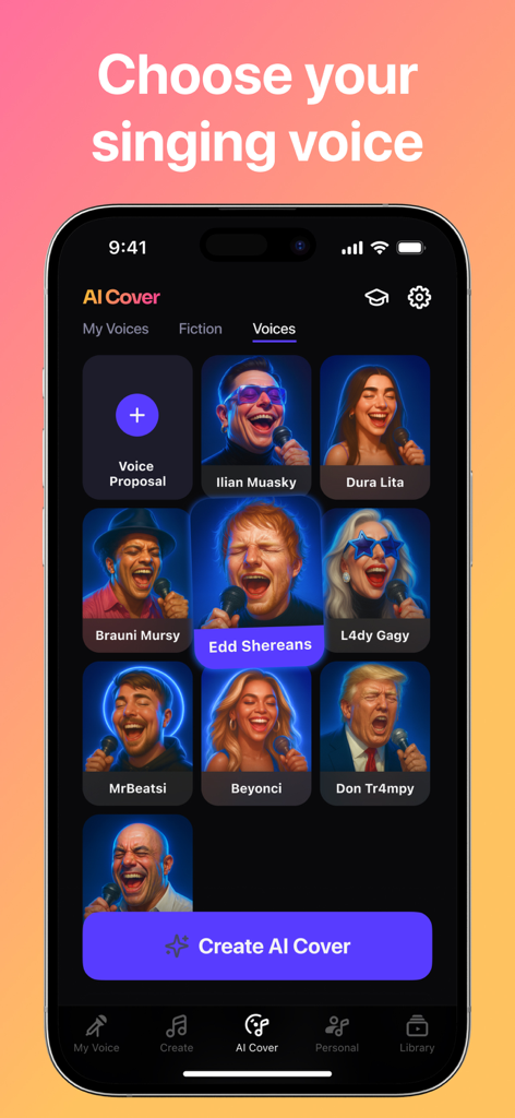 AI Music・Own Voice Cover Maker - Mobile app interface for choosing an AI singing voice with various celebrity-inspired options.