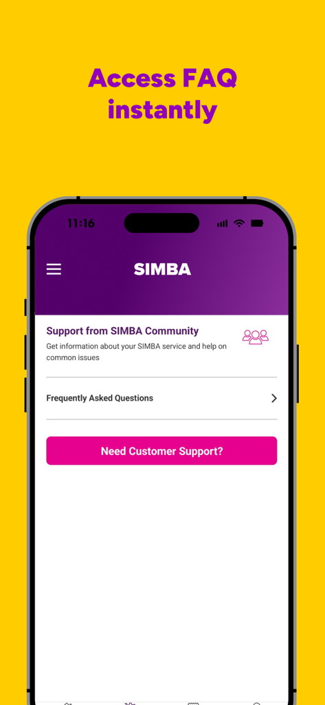 Screenshot of My SIMBA app support page with Frequently Asked Questions and customer support button