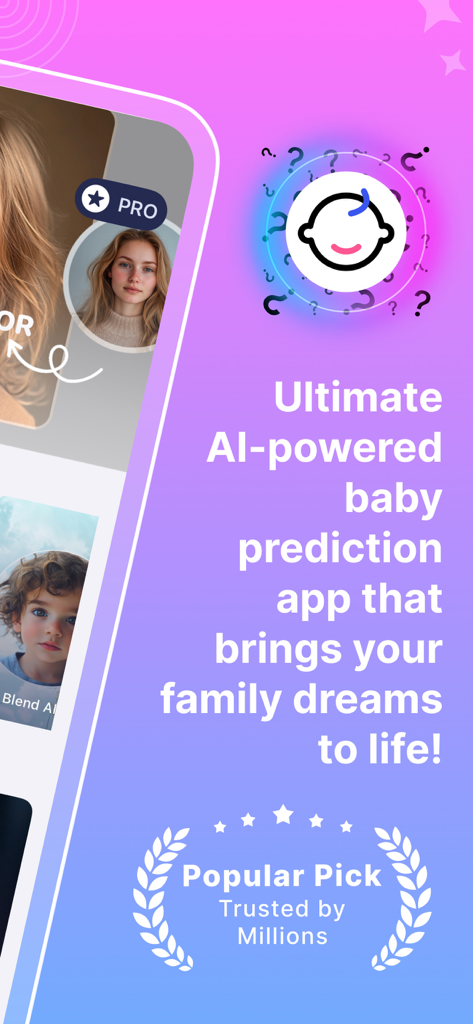AI Face Generator - Baby Blend - Baby Blend AIアプリのプロモーション画面。赤ちゃんの顔予測機能と人気のピック賞バッジを表示しています。