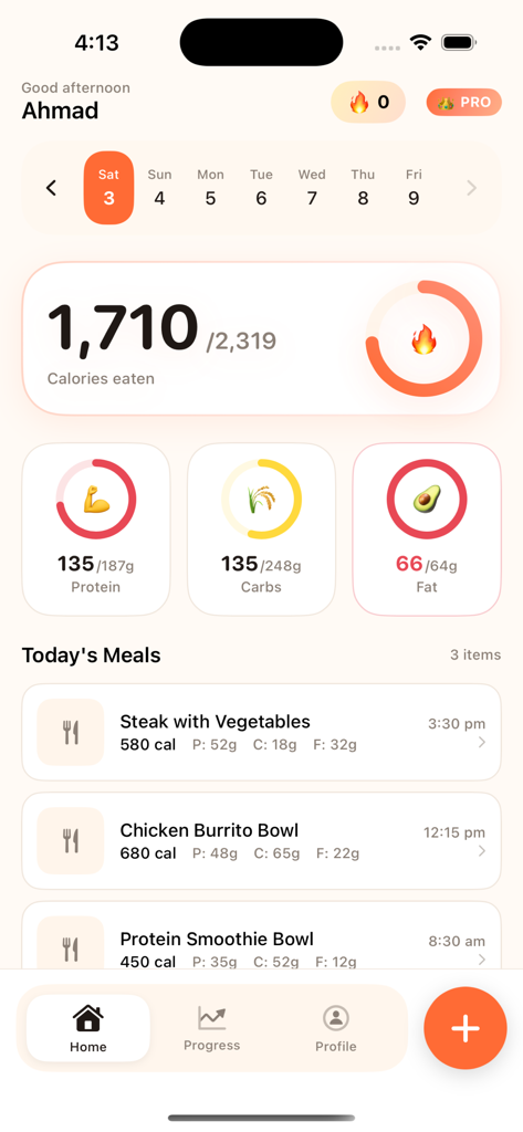 Calor - Calories Tracker - Calor app dashboard showing daily calorie and macro nutrient tracking progress.