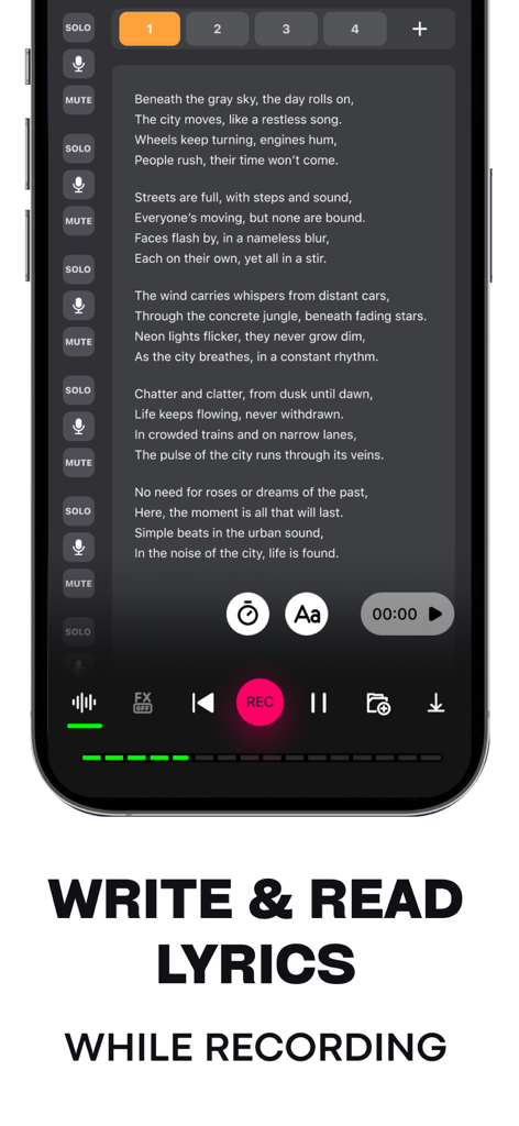 Interfaccia dell'app mobile che mostra la funzionalità di scrittura e lettura dei testi durante una sessione di registrazione vocale.