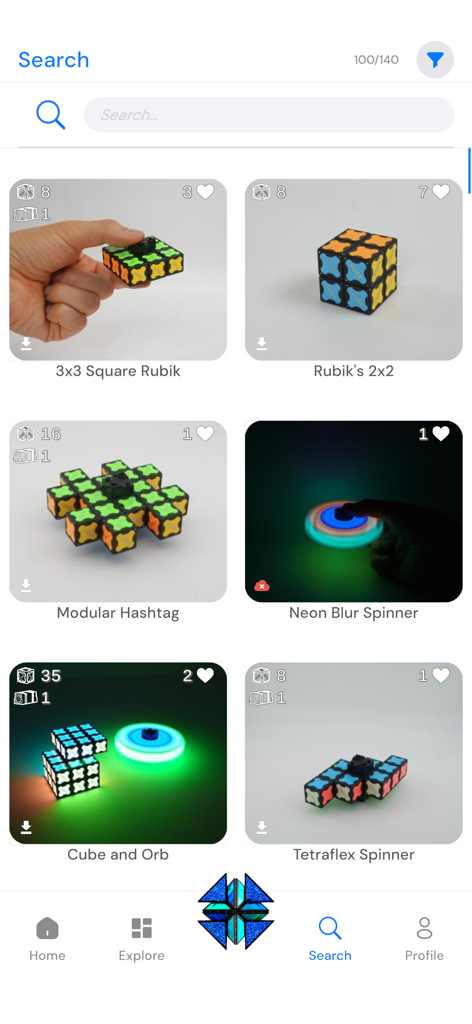 TOSY Magnet Play - Search screen of the TOSY Magnet Play app displaying a gallery of magnetic building designs including cubes and spinners