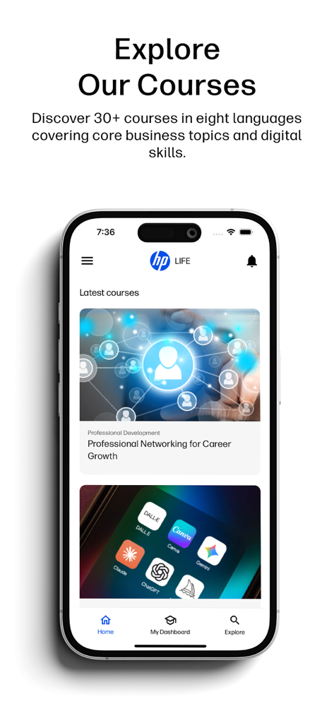 HP LIFE - HP LIFE app mobile interface showcasing business and digital skills courses like professional networking.