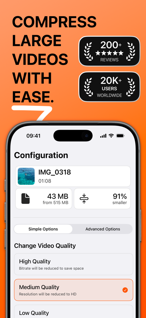 Video Compressor - Kompresso - Kompresso app interface showing a 91 percent reduction in video file size on iPhone