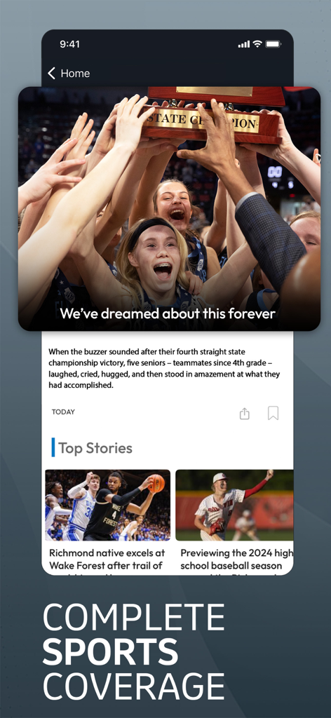 Richmond Times-Dispatch app screen showing complete sports coverage with a lead story about a state championship victory and top local sports stories.