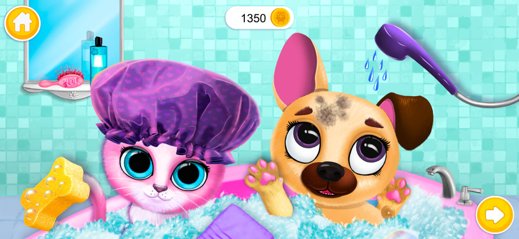 Kiki & Fifi Pet Friends - Kiki the cat wearing a shower cap and Fifi the dog taking a bubble bath in a pet care mini-game.