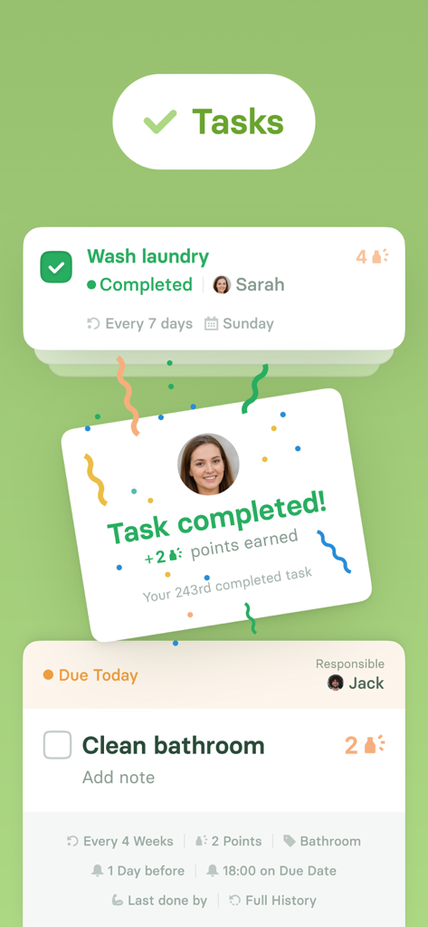 Flatastic: Households Manager - Mobile app interface showing a household task list with a completed laundry chore and a pending bathroom cleaning task