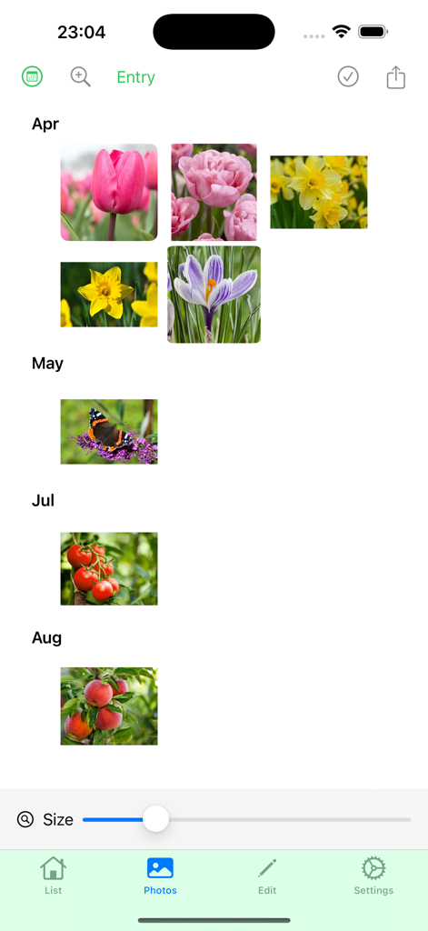 My garden year - Interface of My Garden Year app showing a photo gallery of garden plants and flowers organized by month