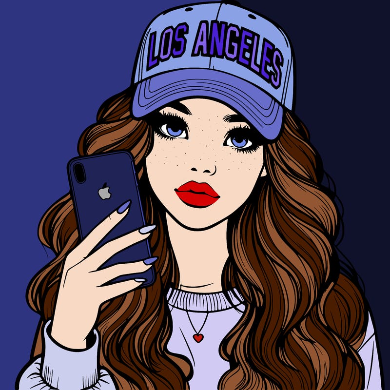 realistic beautiful girl wearing los ángeles cap holding an iphone