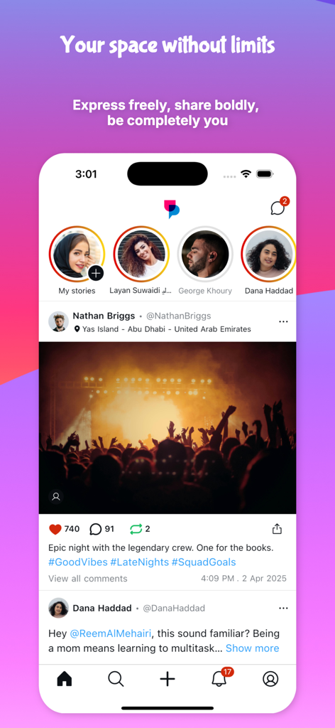 UpScrolled app home screen displaying user stories and a social media post with a photo of a concert crowd