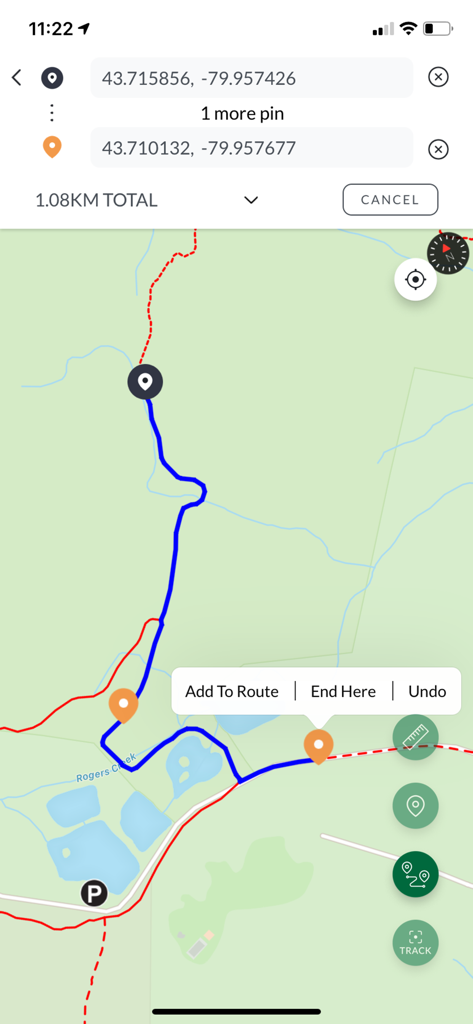 Mobile map view showing a 1.08 km hiking route with GPS coordinates and custom pins