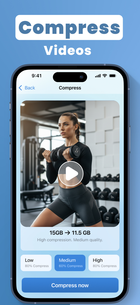Aura Cleaner: Clean Up Storage - Interfaz de la aplicación Aura Cleaner mostrando opciones de compresión de vídeo para liberar espacio de almacenamiento en un iPhone