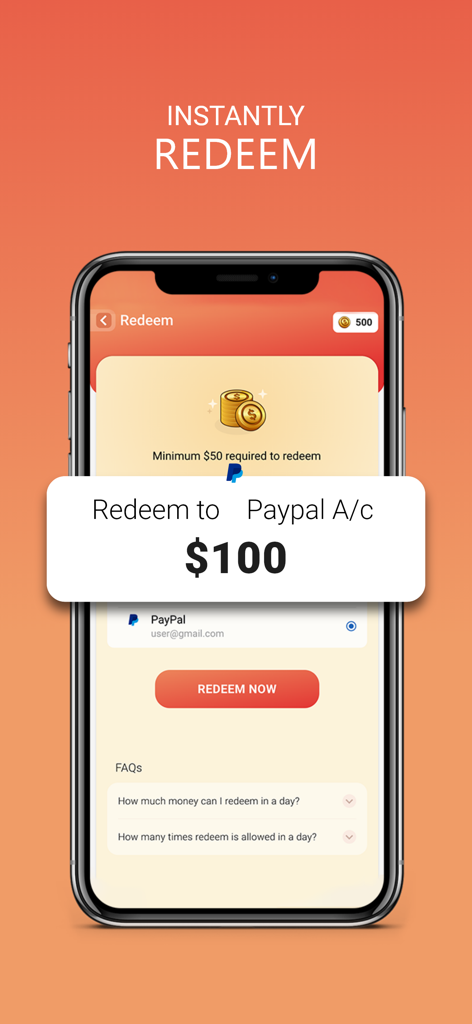 Big Sports app interface showing instant cash redemption to a PayPal account