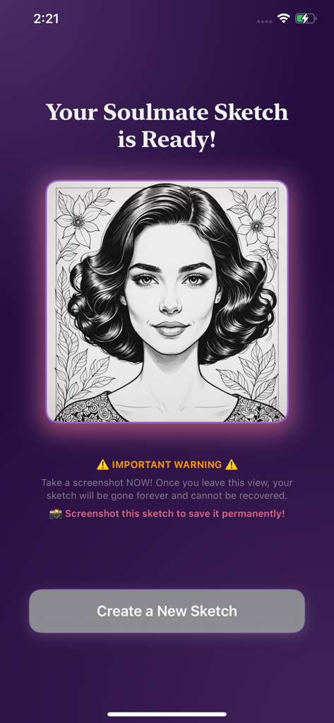 Hint Soulmate - Un boceto en blanco y negro de una mujer revelado como resultado de alma gemela en la aplicación Hint Soulmate