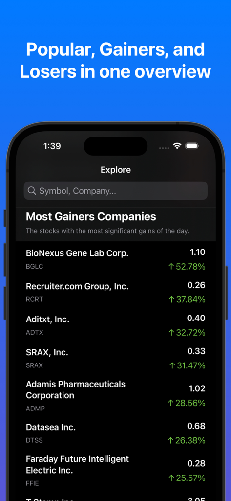 Stock Analyzer for Investing - Pantalla de smartphone que muestra una lista de las acciones con mayores ganancias con sus aumentos porcentuales en la aplicación Stock Analyzer.