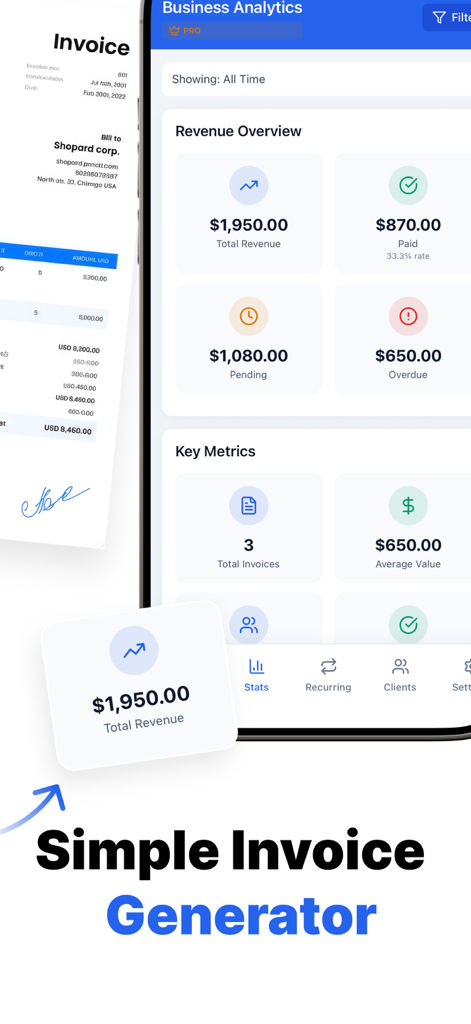 Invoice Generator: Fast Bills - Panel de análisis de negocios en la aplicación Fast Bills mostrando ingresos totales y métricas de facturas
