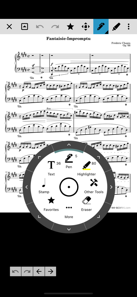 MobileSheets® - MobileSheets app interface showing a radial annotation menu over a page of Chopin sheet music.