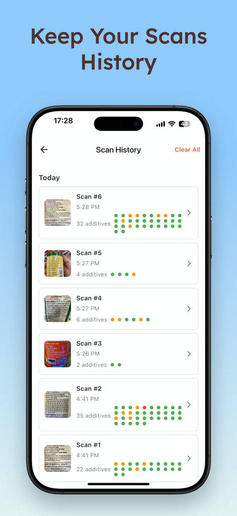 INS Scanner by Miki - Interfaz que muestra el historial de escaneos de aditivos alimentarios con calificaciones de seguridad en la aplicación INS Scanner de Miki