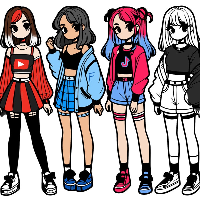 one girl with crop-top shirt and a jacket with a skirt, long socks and another girl with a shirt and pants with a jacket