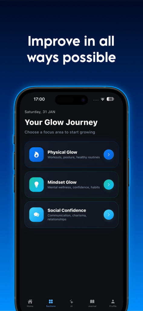 GlowUp Daily: Improve Yourself - Interfaz de la aplicación GlowUp Daily que muestra las tres secciones principales de mejora: Brillo Físico, Brillo Mental y Confianza Social