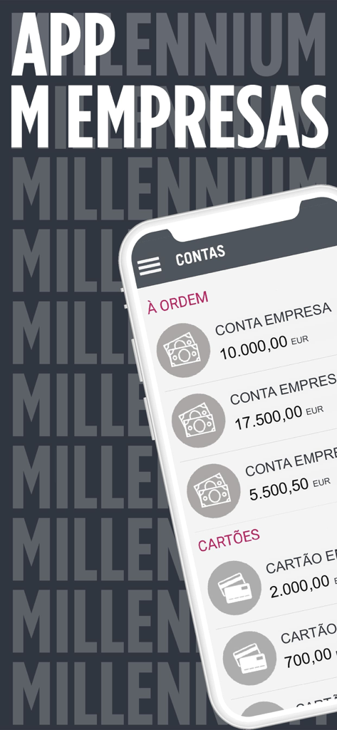 M Empresas mobile app interface showing business accounts and cards with Euro balances