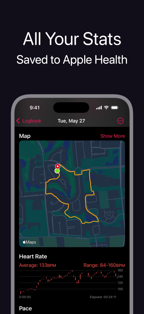 None to Run: Beginner, 5K, 10K - None to Run app displaying a run route map and heart rate data in the logbook