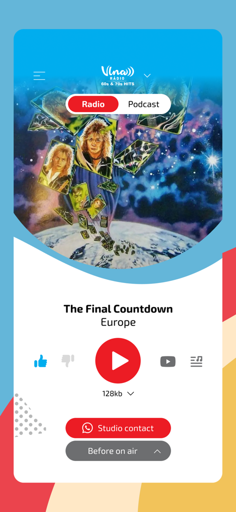 Rádio Vlna - Radio Vlna mobile app interface showing a music player for classic hits with a studio contact button