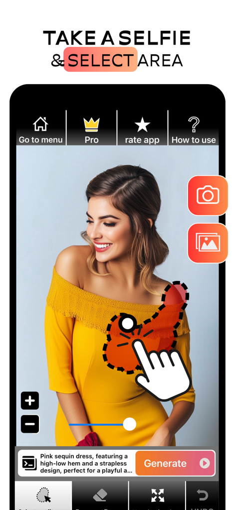 AI Dress App-Try on Clothes - Interface of the AI Dress App showing a user selecting an area on a selfie to change clothes with AI.