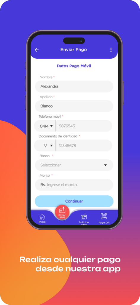 Humaniz App - Humaniz App interface for mobile payments showing a form to send funds in Spanish