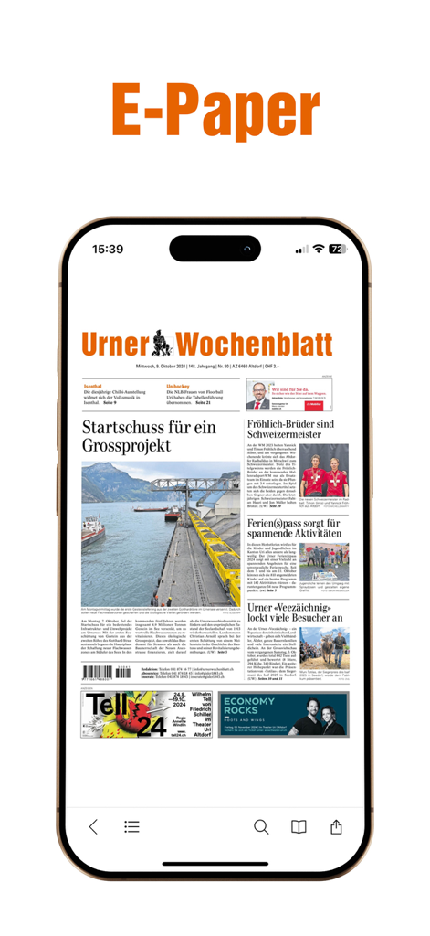 Urner Wochenblatt ePaper - Digitale Titelseite des Urner Wochenblatts, angezeigt auf einem Smartphone-Bildschirm