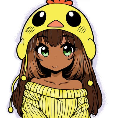 anime girl with chick shaped hat with sweater with bare shoulders with bangs covering them one eye with low tail