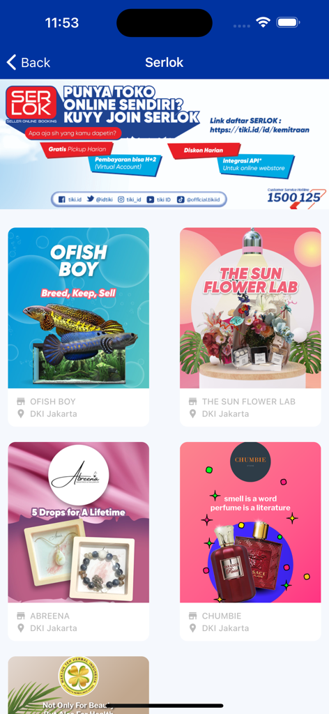 Tiki - Tiki mobile app Serlok screen showcasing various online shop partners in Jakarta