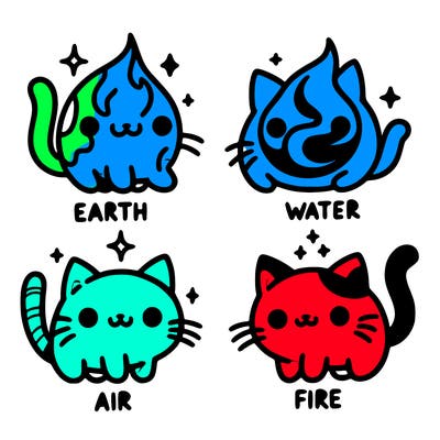 4 cats that represent the different elements, earth, water, air, and fire