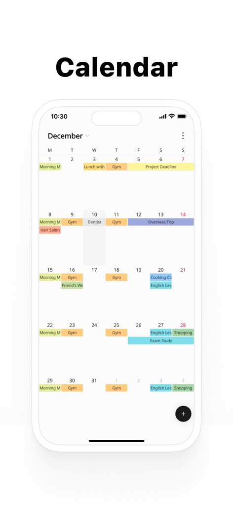 Uma visualização de calendário mensal simples e limpa mostrando eventos de agenda codificados por cores em uma tela de celular.