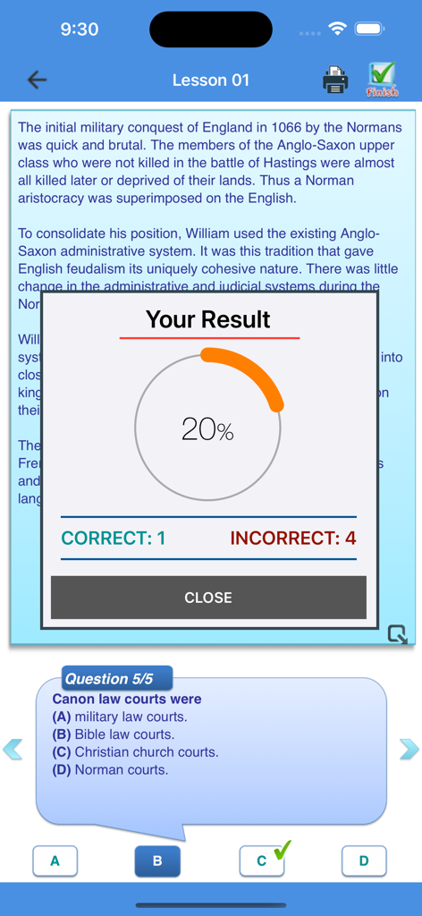 English Reading + - English reading comprehension app showing a lesson score of 20 percent and a multiple choice quiz question