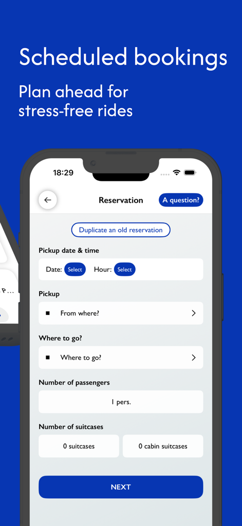 Reservation screen in the Monite app for scheduling a driver booking with options for date, time, location, and luggage.