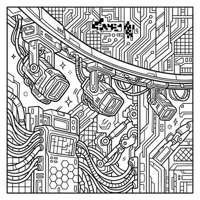 Unleash your creativity with this electrifying cyberpunk track lighting coloring page. Explore a futuristic world filled with intricate circuits, robotic details, and high-tech urban aesthetics.