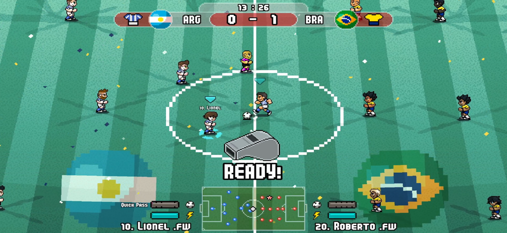 Retro pixel art soccer match between Argentina and Brazil with a score of 0 to 1