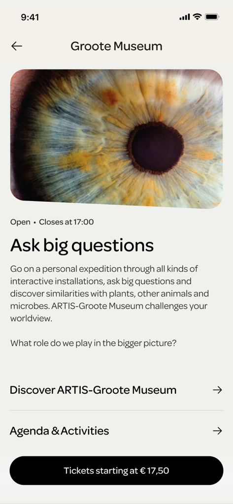 ARTIS Amsterdam - ARTIS アムステルダムアプリのスクリーンショット、グローテ美術館の情報と人間の目の画像を表示