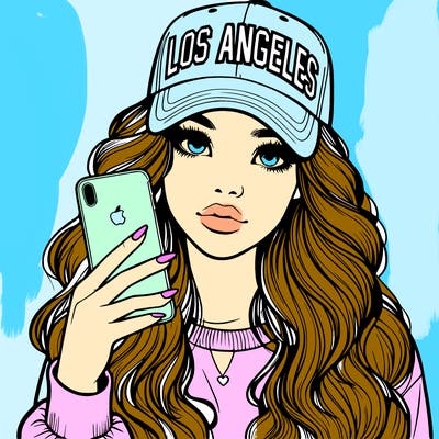realistic beautiful girl wearing los ángeles cap holding an iphone