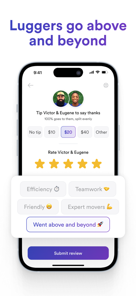 A screenshot of the Lugg app review and tipping screen where users can rate their movers and select a tip amount.