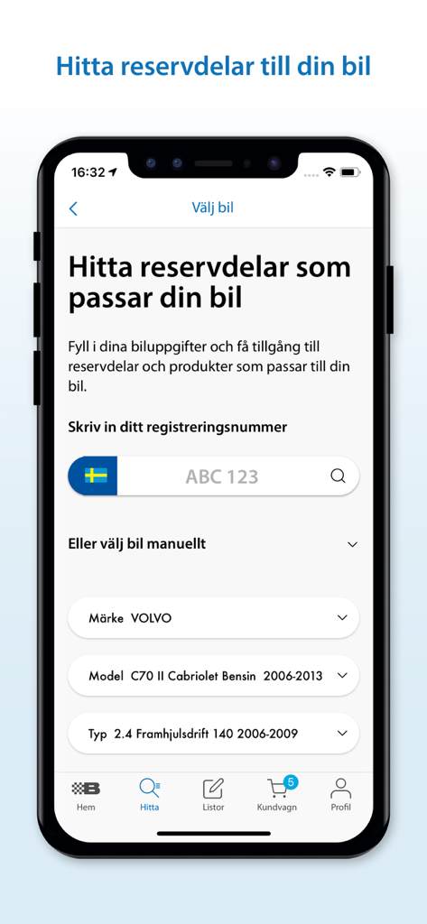 Biltema - Interfaz de la app de Biltema para buscar repuestos de automóviles utilizando el número de matrícula o la selección manual del modelo del vehículo