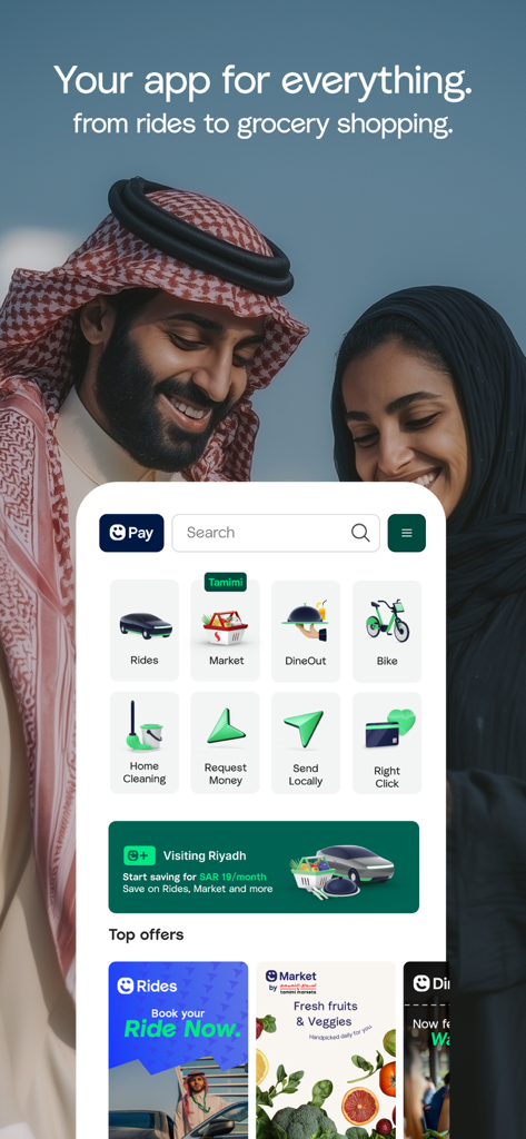Careem mobile app home screen showing various services including rides, market, dine out, and bike rentals with a smiling couple in the background.