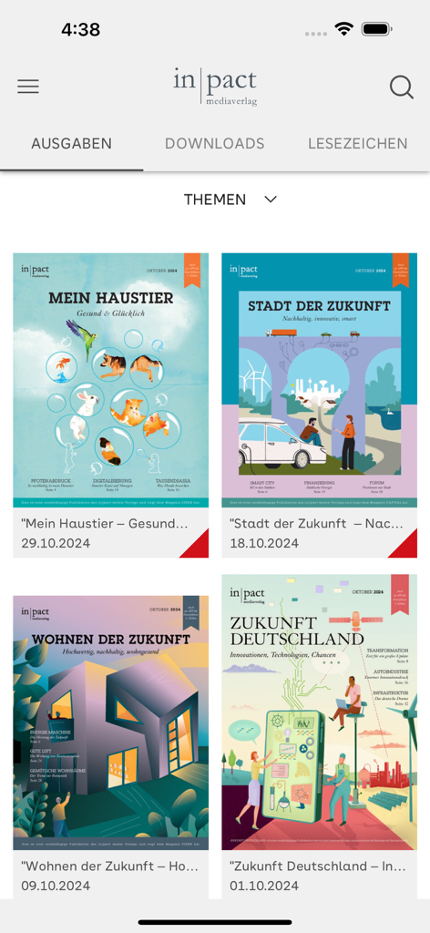 inpact media Verlag - Interface of the inpact media Verlag app displaying various digital magazine editions such as City of the Future and Future of Germany.